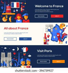 Set of vector flat design France travel banners, headers with icons and infographics elements with landmarks and famous French symbols 