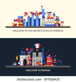 Set of vector flat design France, USA travel banners, headers with icons and infographics elements with landmarks and famous French and American symbols 