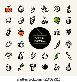Set of vector flat design fruit and vegetables icons