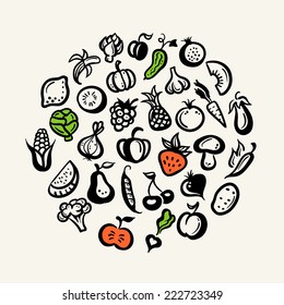 Set of vector flat design fruit and vegetables icons