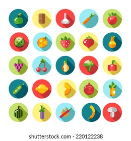 Set of vector flat design fruits and vegetables icons