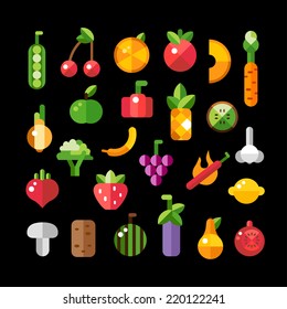 Set of vector flat design fruits and vegetables icons 