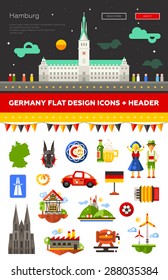 Set of vector flat design Germany travel icons and infographics elements with landmarks and famous national symbols  and header with Hamburg