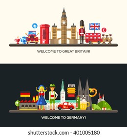 Set of vector flat design Great Britain and Germany travel banners, headers with icons and infographics elements with landmarks and famous British and German symbols 