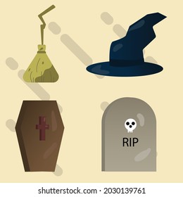 Set of vector flat design Halloween icons. witch broom, witch hat, coffin, gravestone.