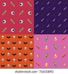 Set of vector flat design halloween patterns. Ideal for wrapping paper or textile printing. Hallows eve backgrounds with skulls, bats, worms, candies, eyeballs and severed fingers