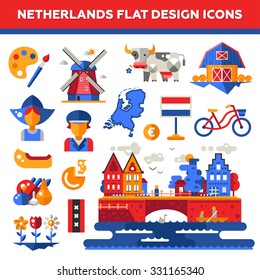 Set Of Vector Flat Design Holland Travel Icons And Infographics Elements With Landmarks And Famous Dutch Symbols 