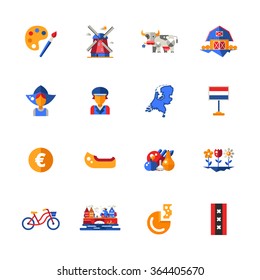 Set of vector flat design Holland travel icons and infographics elements with landmarks and famous Dutch symbols 