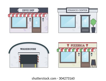 Set of Vector Flat Design illustrations of Facades of Buildings. Coffee Shop, Pizzeria, Finance Center and Warehouse Fronts.