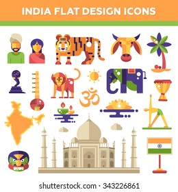 Set of vector flat design India travel icons and infographics elements with landmarks and famous Indian symbols 