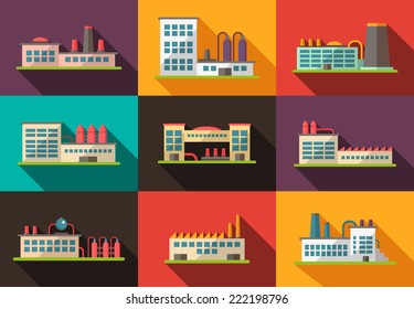 Set of vector flat design industrial buildings pictograms