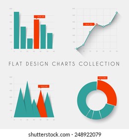 Set of vector flat design infographics statistics charts and graphs - teal and red version