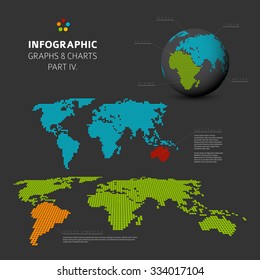 Set of vector flat design infographics charts - world map visualization - part 4 of my infographic bundle, dark version
