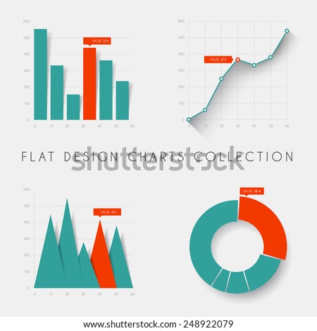 Set of vector flat design infographics statistics charts and graphs - teal and red version