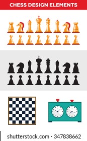 Set of vector flat design isolated black and white chess figures with chessboard and clock. Collection of the king, queen, bishop, knight, rook, and pawn