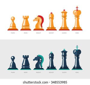 Set of vector flat design isolated named chess icons. Collection of the king, queen, bishop, knight, rook, and pawn