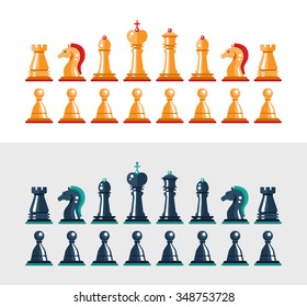 Set of vector flat design isolated black and white chess figures. Collection of the king, queen, bishop, knight, rook, and pawn