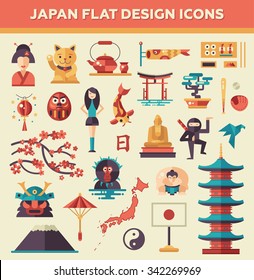 Set of vector flat design Japan travel icons and infographics elements with landmarks and famous Japanese symbols 