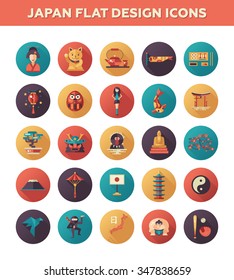 Set of vector flat design Japan travel icons and infographics elements with landmarks and famous Japanese symbols 