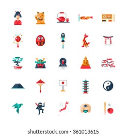 Set of vector flat design Japan travel icons and infographics elements with landmarks and famous Japanese symbols 