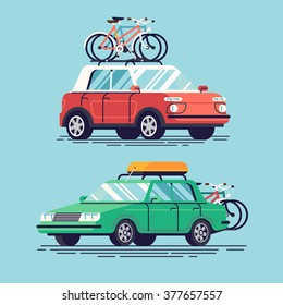 Set of vector flat design modern vehicles with bicycles and top luggage carrier on rack. Tourism design element on recreational destination travel by car for riding on bicycle