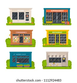 Set of vector flat design restaurants exterior and shops facade: book store, barber shop, supermarket, coffee. Store front window buildings icons isolated on white background. 