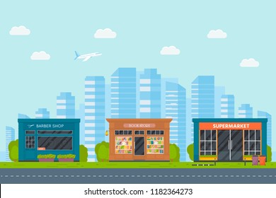 Conjunto de restaurantes de diseño plano vectorial exterior y fachada de tiendas: librería, peluquería, supermercado. Almacene los iconos de los edificios de la ventana delantera con fondo de ciudad.