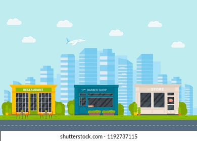 Set of vector flat design restaurants exterior and shops facade: barber shop, supermarket. Store front window buildings icons with city background.