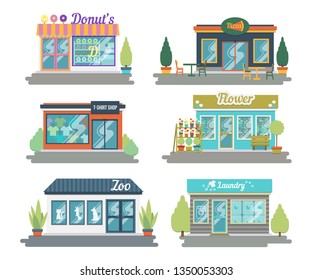 Set of vector flat design restaurants and shops facade icons. Includes shop of donuts and sweets, clothing store, flower shop, fueling, Laundry and other