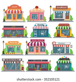 Set of vector flat design restaurants and shops facade icons.Includes shop,newspaper,coffee shop,ice cream shop, flower shop,vegetable store,Laundry, barber,shoe repair, pharmacy,boutique,toy store.