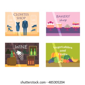 Set of vector flat design restaurants and shops facade icons. Includes bakery, ice cream shop, book shop facade