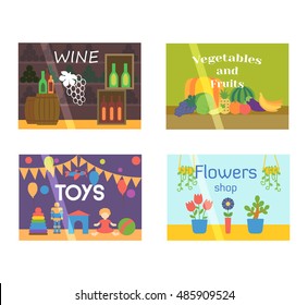 Set of vector flat design restaurants and shops facade icons. Includes bakery, ice cream shop, book shop facade