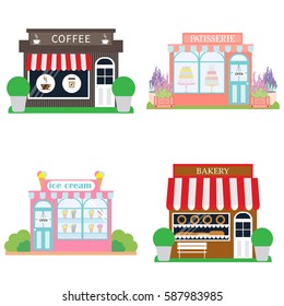 Set of vector flat design restaurants and shop facade icons: bakery, coffee shop, ice cream shop and patisserie. Vector illustration.