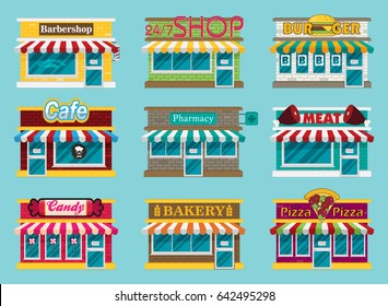 Set of vector flat design restaurants and shops facade