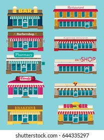 Set of vector flat design restaurants and shops facade