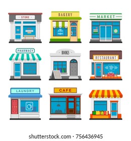 Set of vector flat design restaurants and shops facade icons. Includes store, bakery shop, market, restaurant, book shop, vegetable store, laundry, pharmacy, cafe. Isolated on white background.