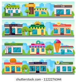 Set Of Vector Flat Design Shops Facade Icons. The Set Contains: Pet Store, Fresh Fruit Shop, Cafe, Beauty Salon, Farm Shop, 24h Shop, Flower Shop, Donuts, Ice Cream, Burgers, Boutique, Pharmacy.