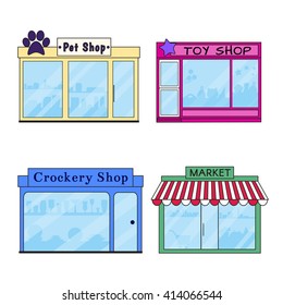 Set of Vector Flat Design Shops and Stores Icons. Includes Market, Toy Store, Pet Shop and Crockery Shop.