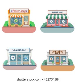 Set of vector flat design shops facade icons. Includes shop,newspaper,coffee shop, flower shop, laundry, barber. Vector Illustration.