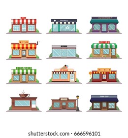 Set of vector flat design  shops facade icons. Cafe, pharmacy, fashion store, bakery, alcohol, flowers, shoes store, ice cream, china town, coffee house, pawn shop and books