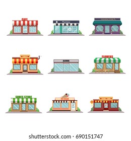 Set of vector flat design  shops facade icons. Cafe, pharmacy, fashion store, bakery, alcohol, flowers, shoes store, ice cream and china town