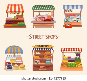 Set of vector flat design street shops. Fresh food on counters. Local farmers market. Vector illustration