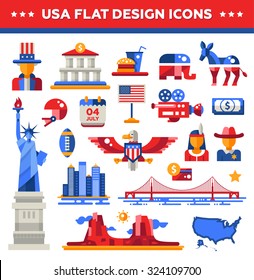 Set of vector flat design USA travel icons and infographics elements with landmarks and famous American symbols 