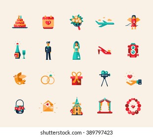 Set of vector flat design wedding and marriage icons and elements