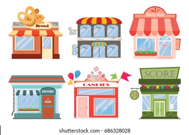 Set of vector flat designer restaurants and shops icons of facades. Vector illustration on white isolated background.