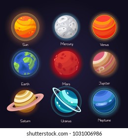 Set of vector flat doodle cartoon icons planets of solar system. Children's education. Wallpaper, background, symbols, template for web design, greeting card, cover, poster