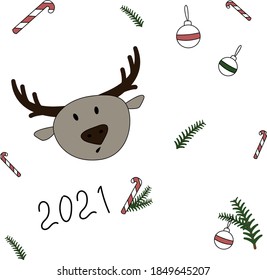 Set of vector flat elements with a bull with horns-lollipops with fir branches, balls and lollipops for New year and Christmas