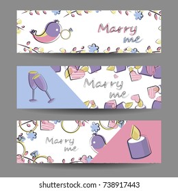 Set of vector flat elements. Romance, love, wedding offer