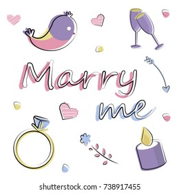 Set of vector flat elements. Romance, love, wedding offer