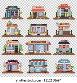 Set of vector flat facade icons. Bakery, flowers, cafe, restaurant, pizza, books, barber, ice cream and market laundry and boutique without background.